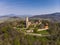 Beautiful top view of the Starkenburg castle in the German city of Heppenheim. The castle is high on the mountain. Mountains and