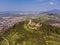 Beautiful top view of the Starkenburg castle in the German city of Heppenheim. The castle is high on the mountain. Mountains and