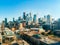 Beautiful Toronto skyline of skyscrapers and financial district from above building roofs