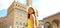 Beautiful tourist girl discovering Florence, Italy. Panoramic banner view of young woman in her holidays in Europe