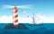 Beautiful tower of red and white striped lighthouse. Seascape, ship.