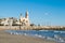 The beautiful town of Sitges with seagulls, Landscape of the coastline in Sitges, ParrÃ²quia de Sant Bartomeu i Santa