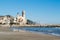 The beautiful town of Sitges with seagulls, Landscape of the coastline in Sitges, ParrÃ²quia de Sant Bartomeu i Santa