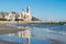 The beautiful town of Sitges with seagulls, Landscape of the coastline in Sitges, ParrÃ²quia de Sant Bartomeu i Santa