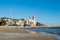 The beautiful town of Sitges with seagulls, Landscape of the coastline in Sitges, ParrÃ²quia de Sant Bartomeu i Santa