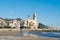 The beautiful town of Sitges with seagulls, Landscape of the coastline in Sitges, ParrÃ²quia de Sant Bartomeu i Santa