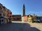 A beautiful of the town square and colourful homes of the island town of Burano, Italy on a beautiful morning