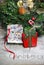 Beautiful toy wooden present box and Christmas wreath