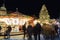 Beautiful traditional German Christmas Market square in Magdeburg city center Germany with many carousel, christmas tree