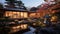 Beautiful traditional Japanese house exterior with a lake and garden. Asian traditional royal village house by water. Gorgeous