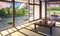 Beautiful traditional japanese living room with sliding doors opened. Garden with cherry blossom visible in the background. Anime