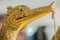 Beautiful traditional Thai style craving patterned of Suphannahong royal barge. Swan head craved pattern in thai royal barge.