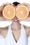 A beautiful training woman with fruit background
