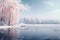 Beautiful tranquil lake at sunrise with foggy Winter forest covered by heavy snow and ice.