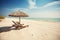 Beautiful tranquil white sand beach with two beach chair and thatched umbrella near palm