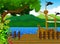 Beautiful tree on dock cartoon with mountain landscape background