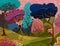 Beautiful trees in magical forest. Cartoon colorful summer landscape.