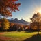 Beautiful trees and mountains are glowing in the sunlight.