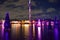 Beautiful Trees tightly wrapped in LED lights for the Christmas holidays reflecting in lake and sky tower in SeaWorld