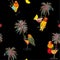 Beautiful trendy Dark Tropical in colorful seamless pattern. Hand drawn palm trees, cocktail, pink parrots bird, summer birds
