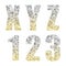 Beautiful trendy glitter alphabet letters and numbers with silver to gold ombre