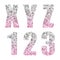 Beautiful trendy glitter alphabet letters and numbers with silver to pink ombre