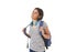 Beautiful and trendy latin student girl carrying backpack smiling happy thinking in future