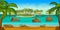 Beautiful tropical beach, Illustration of a cartoon summer ocean background with palm trees, coconuts, stones.