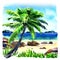 Beautiful tropical beach with palm tree, seascape panorama, watercolor illustration