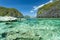 Beautiful tropical blue lagoon. Scenic landscape with sea bay and mountain islands, El Nido, Palawan, Philippines