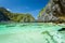 Beautiful tropical blue lagoon. Scenic landscape with sea bay and mountain islands, El Nido, Palawan, Philippines