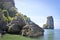 Beautiful tropical coast of Thailand overlooking the rocky shore, azure sea, Krabi