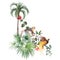Beautiful tropical composition with hand drawn watercolor exotic jungle palm trees and animals. Toucan monkey and