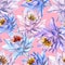 Beautiful tropical floral seamless pattern. Large blue and purple lotus flowers on pink background. Hand drawn illustration