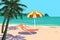 Beautiful tropical landscape seascape, lounge chair, umbrella, banner holiday vacation. Summer beach on sea ocean coast