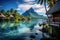 Beautiful tropical landscape with water bungalows and palm trees, Bora Bora landscape