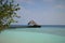 Beautiful tropical Maldives pier and island with beach and sea on sky for holiday vacation background, boat and ship departure, ar