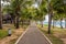 Beautiful tropical promenade along turquoise sea among palms and with a group of tourists
