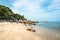 Beautiful tropical sand beach with rock clear water Thailand, Phangan island.