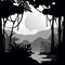 Beautiful tropical scenery with rainforest, mountains and sun, monochrome landscape design vector Illustration