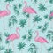 Beautiful tropical seamless pattern with pink flamingo birds and green jungle palm foliage hand drawn on blue background