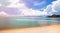 Beautiful tropical seascape. Ocean waves and cloudy sky background. Crystal-blue sea, island, water bike. Ocean water nature,
