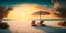 Beautiful tropical sunset scenery, two sun beds, loungers, umbrella under palm tree. Generative AI