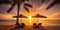 Beautiful tropical sunset scenery, two sun beds, loungers, umbrella under palm tree Generative AI technology