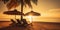 Beautiful tropical sunset scenery, two sun beds, loungers, umbrella under palm tree Generative AI technology