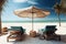 Beautiful tropical, two sun beds, umbrella under palm tree. Beach resort hotel. Summer vacation. Generative AI.