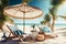 Beautiful tropical, two sun beds, umbrella under palm tree. Beach resort hotel. Summer vacation. Generative AI.
