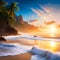 Beautiful tropical waves of sea water break on a sandy beach with seashells