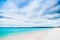 Beautiful tropical white sand beach in blue lagoon and blue sky space. Australia, Hyams Beach, NSW