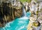 Beautiful turquoise stream and waterfalll in gorge. Soca river, Bovec, Slovenia.